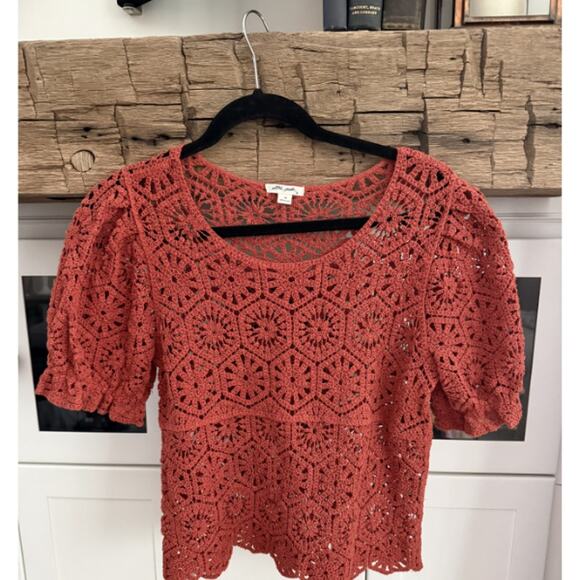 Ultra Pink Tops - Ultra Pink Burnt Sienna Crochet Crop Top Puff Sleeves Scallop Hem Size M